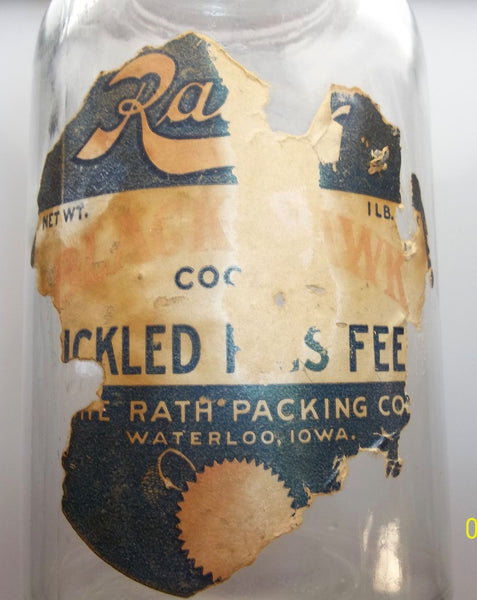Iowa Jar Rath's Pickled Pigs Feet Jar with Original Paper Label!