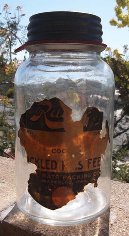 Iowa Jar Rath's Pickled Pigs Feet Jar with Original Paper Label!